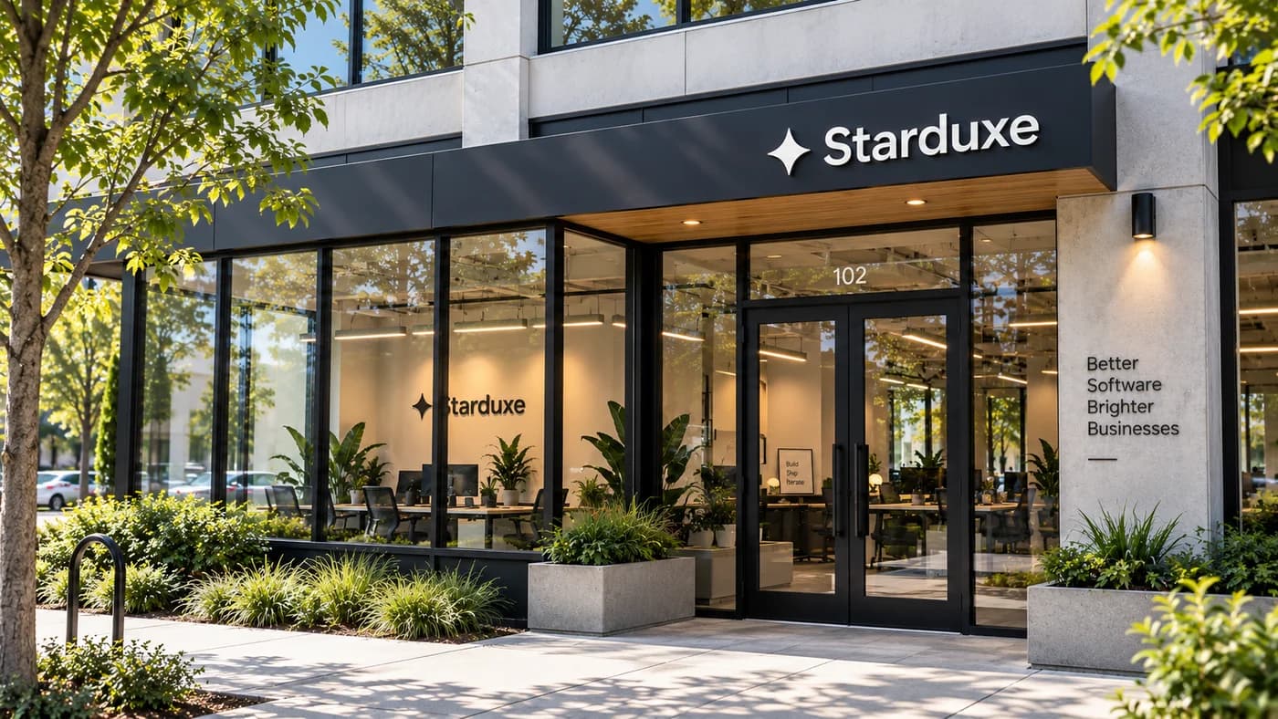 AI-created concept of a glass-fronted Starduxe building surrounded by trees