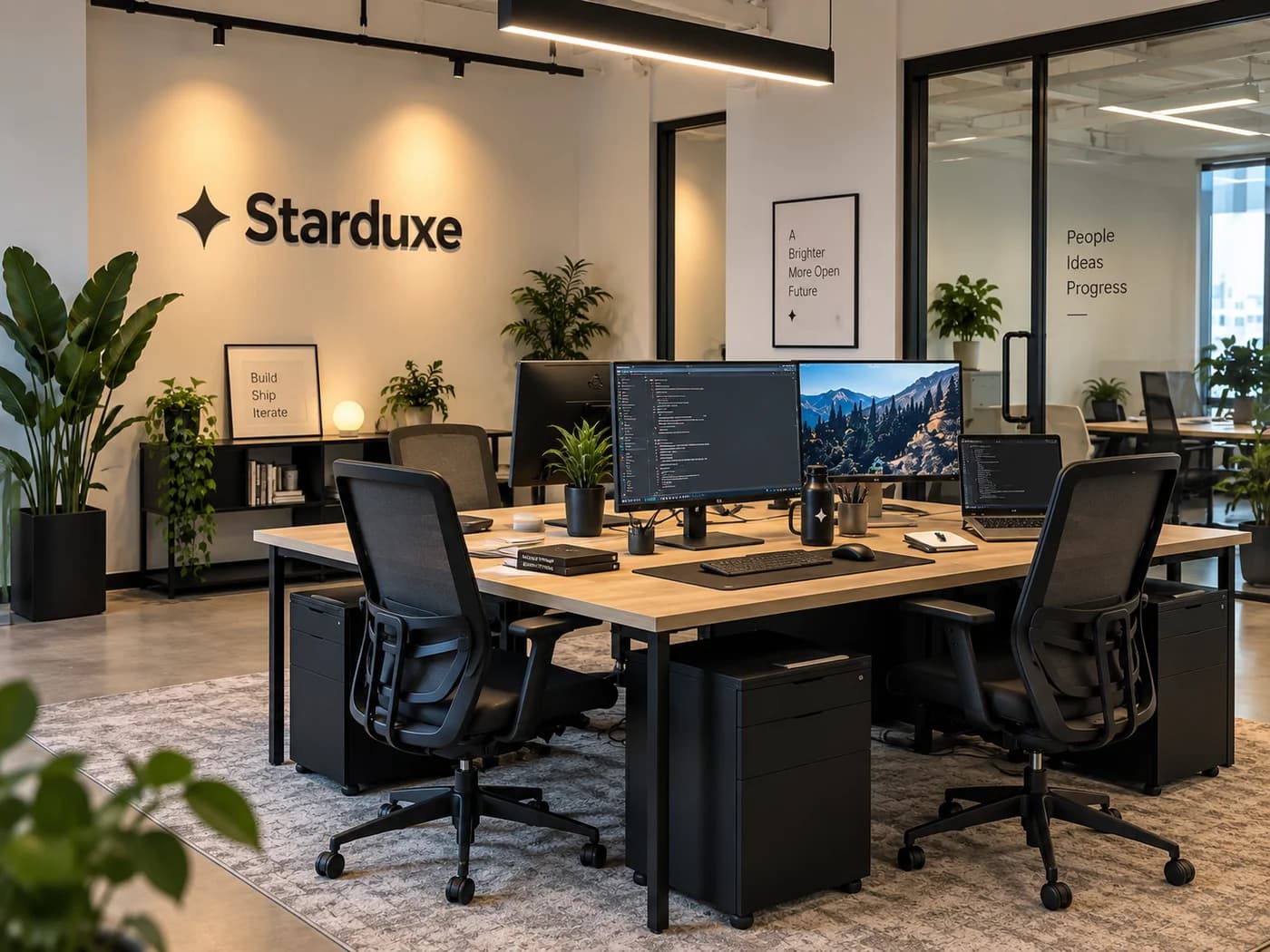 AI-created Starduxe office concept with open desks and a glass meeting room