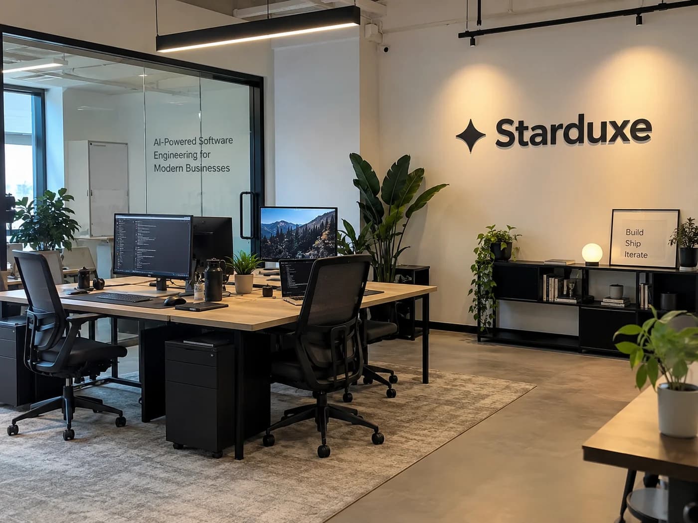 AI-created workspace concept with greenery and warm lighting