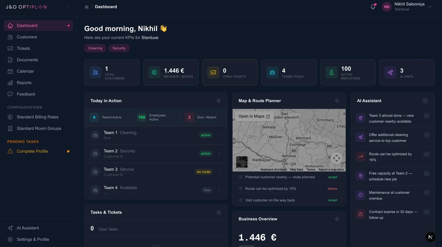 OptiPlan's workforce management dashboard with scheduling, team, and task tools
