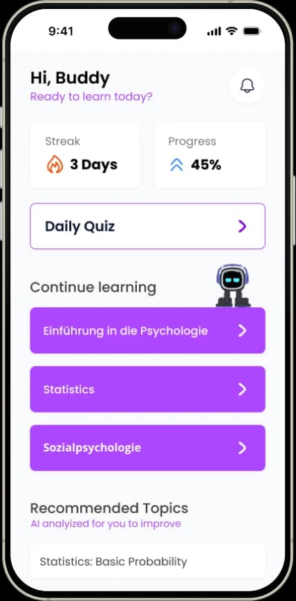 PsyGenius mobile app with daily quizzes, learning progress, and psychology courses